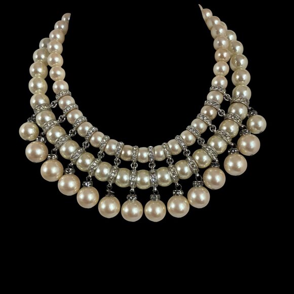Vintage Carolee Faux Pearl Rhinestone Collar Bib Necklace Chunky Double Strand - Picture 11 of 11